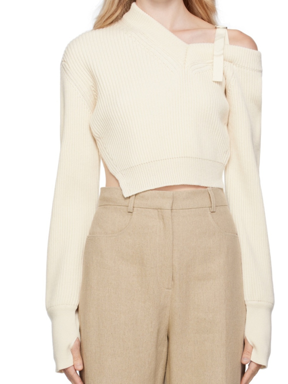 NWT Jacquemus Cream Off-Shoulder Ribbed Crop Sweater